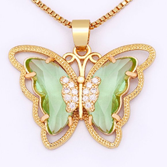 14kt Green Crystal Butterfly Gold Pendant Necklace Chain - Picture 5 of 9